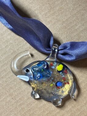 Murano Glass Elephant Pendant Necklace in Clear with Blue, Yellow & Gold Flecks